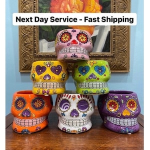May include: Six colorful sugar skull planters, each with a different design. The planters are made of ceramic and have a glossy finish. The skulls are decorated with flowers, hearts, and other patterns.