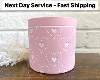 Valentine's Day hearts ceramic planter, pink round flower pot container home decor, cute wedding love gifts for someone special pottery vase
