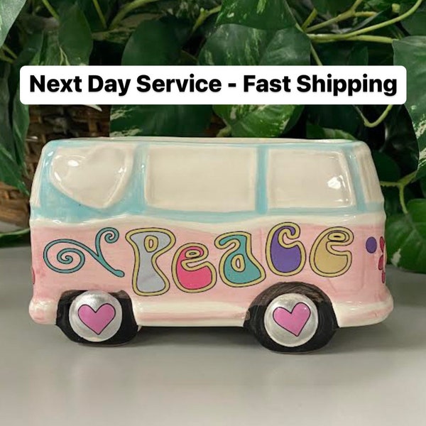 Hippie “peace” bus planter, 60’s 70’s hip party van ceramic pot, groovy psychedelic Volkswagen car planter, table centerpiece, home decor