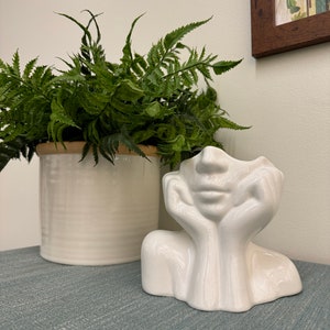 May include: A white ceramic face-shaped planter with hands supporting the chin, next to a cream-colored ceramic pot filled with green fern plants. The pot has a brown rim. The items are on a blue-gray surface.
