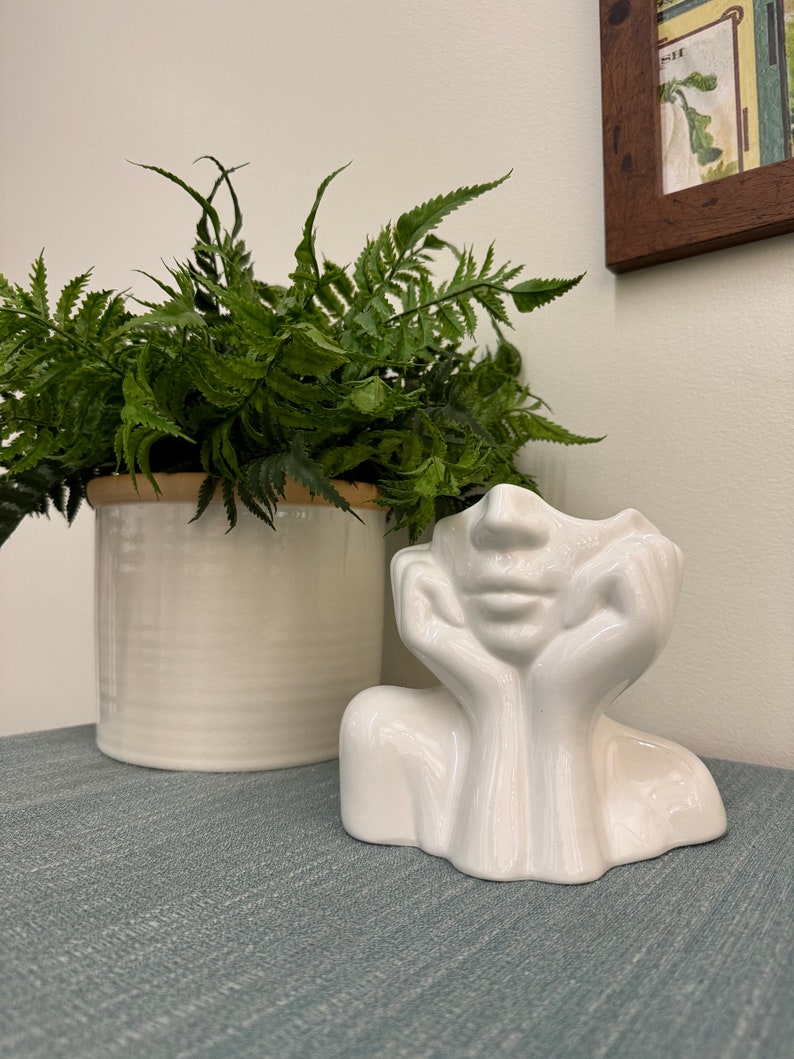 May include: A white ceramic face-shaped planter with hands supporting the chin, next to a cream-colored ceramic pot filled with green fern plants. The pot has a brown rim. The items are on a blue-gray surface.