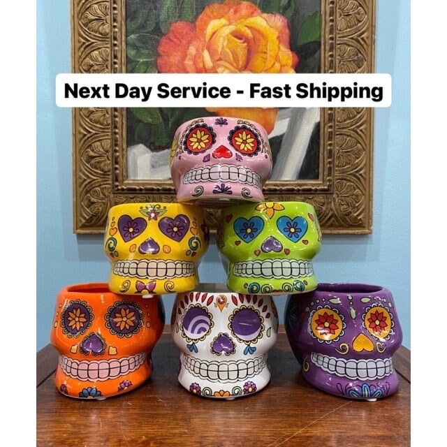 Small Halloween skull planters, colored Dia de Muertos head flower pot, scary creepy vase decoration for home, ceramic skeleton jar gifts