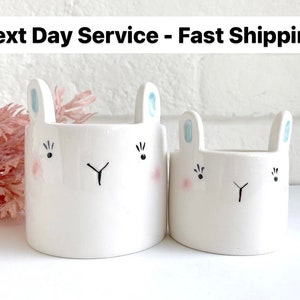 May include: Two white ceramic bunny planter pots with blue ears and black painted eyes and nose. The larger pot is in the background and the smaller pot is in the foreground.