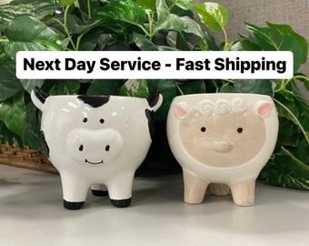 Farm animal planter, cow and sheep (or lamb) planter, 2 animals, indoor planter, 5" round animal, pottery planter, flower pot