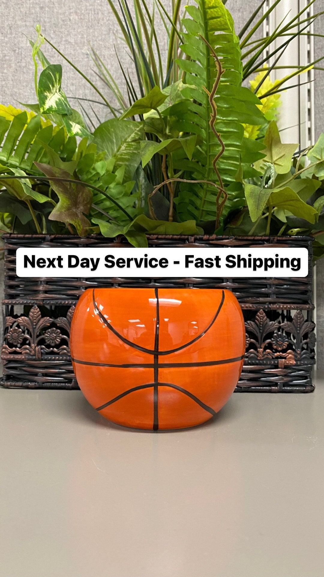 Small Ceramic Basketball Planter, Round Flower Pot, Sports Home Decor