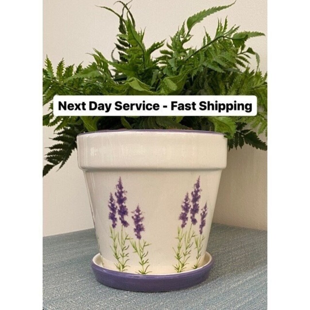 Lavender Plants Design Ceramic Pot W/ a Saucer, Purple Garden Flowers ...