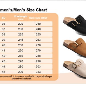 May include: Size chart for shoes in European sizes, showing the corresponding foot length in millimeters and the sole size label. The chart includes sizes 36 to 45. The shoes are available in black, brown, and khaki.