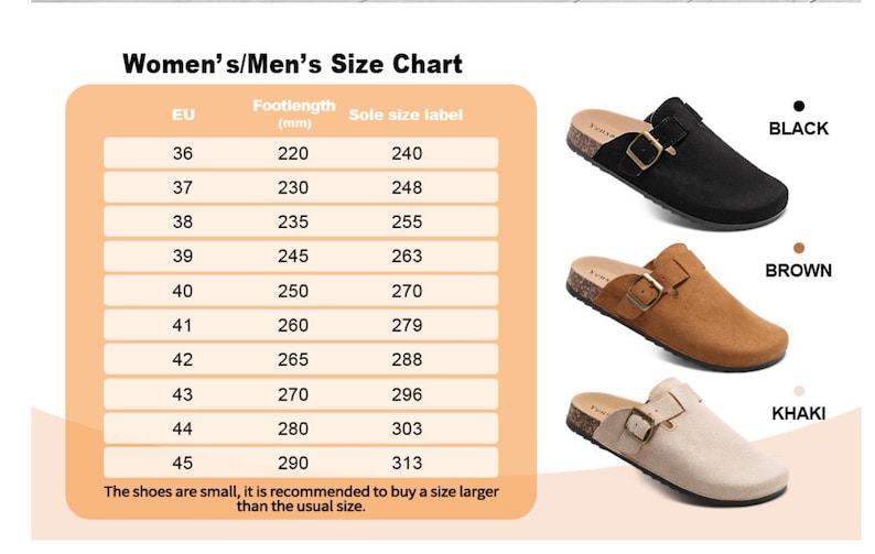 May include: Size chart for shoes in European sizes, showing the corresponding foot length in millimeters and the sole size label. The chart includes sizes 36 to 45. The shoes are available in black, brown, and khaki.