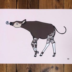 May include: A pink and white illustration of an Okapi, a mammal native to the Democratic Republic of Congo, with a long, prehensile tongue. The Okapi is depicted with brown fur, white stripes on its legs, and a blue, curled tongue.