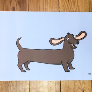 May include: A brown dachshund with big ears and a happy expression is depicted on a light blue background. The dog is drawn in a simple, cartoon style.