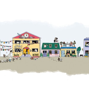 Può includere: Un'illustrazione colorata di un piccolo paese con case, alberi e persone. Le case sono tutte di colori e stili diversi, e alcune hanno bandiere o altre decorazioni. Ci sono alberi su entrambi i lati del paese, e persone che camminano o stanno in piedi davanti alle case.