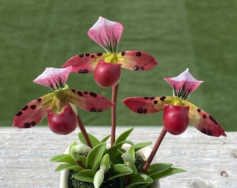 Handmade Clay Red Lady Slipper orchids