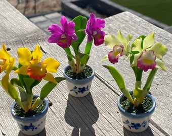 Handmade mini multicolored clay Cattleya Orchid (set of 3)