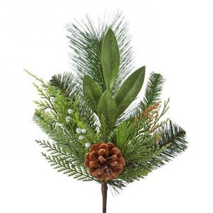 May include: A green pine sprig with brown pine cones, green leaves, and white berries.