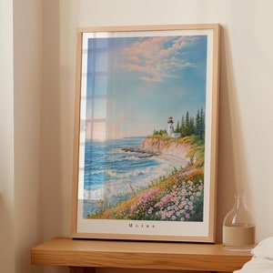 Maine - Aquarell Kunstdruck - Modernes Wohndekor - Geschenkidee - Küstenort - Leuchtturm Landschaft - Digital druckbares Poster - Wandkunst