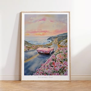 Escapade en voiture - Impression d'art aquarelle - Décoration d'intérieur moderne - Idée cadeau - Paysage côtier - Poster numérique imprimable - Art mural
