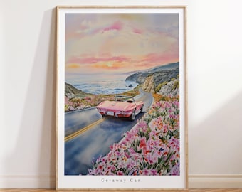 Getaway Car - Watercolor art print - Modern Home décor - Gift idea - Coastal Scenery - Digital Printable Poster - Wall Art