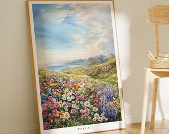 Peace Print - Trendy Watercolor Art - Wildflower Meadow & Coastal Floral Landscape - Dorm Room Décor - Folklore Wall Art - Subtle Gift Idea
