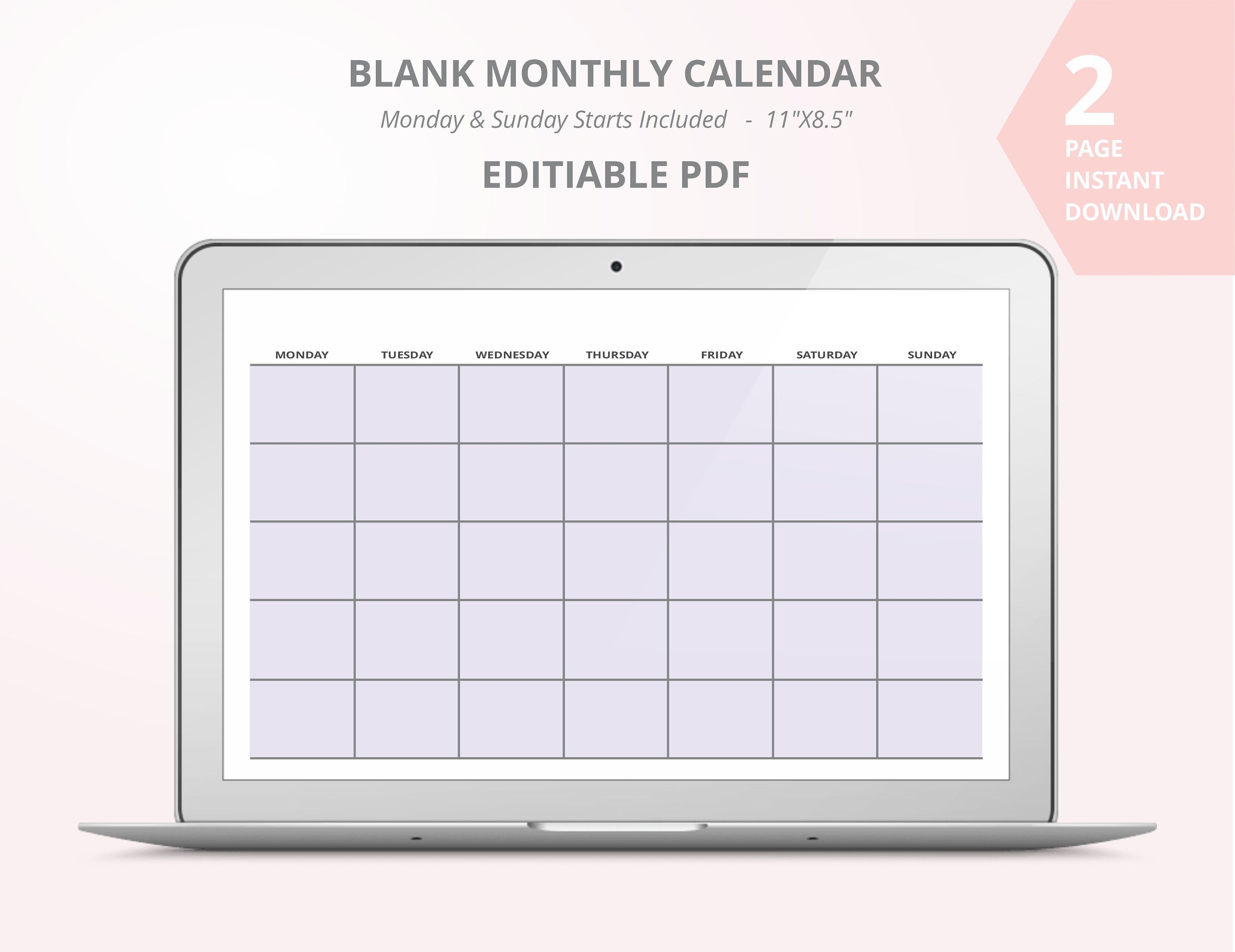 Blank Monthly Calendar, Editable PDF Calendar, Monthly Calendar ...
