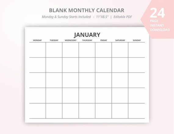January to December Monthly Calendar Editable PDF Calendar - Etsy