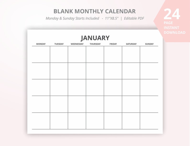 January to December Monthly Calendar, Editable PDF Calendar, Monthly ...