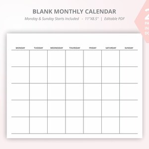 Blank Monthly Calendar, Editable PDF Calendar, Monthly Calendar, Planning Monthly Calendar, Blank Calendar