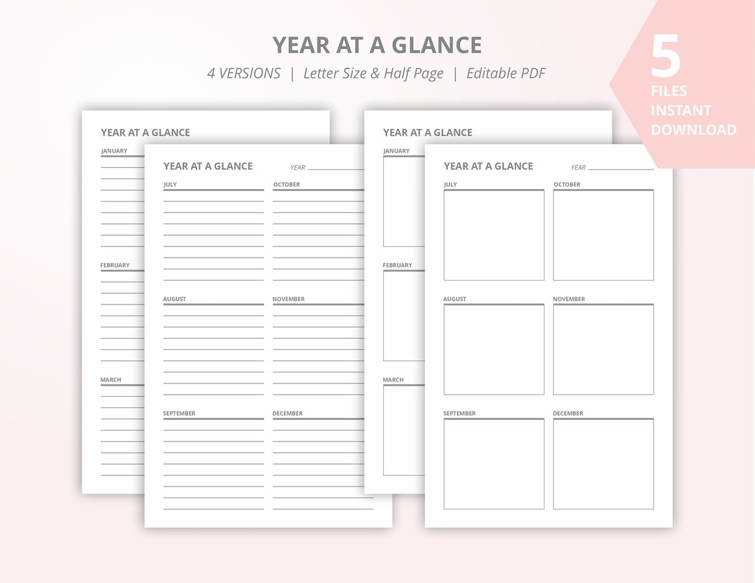 Year at A Glance Calendar, Editable PDF Calendar, Blank Calendar ...