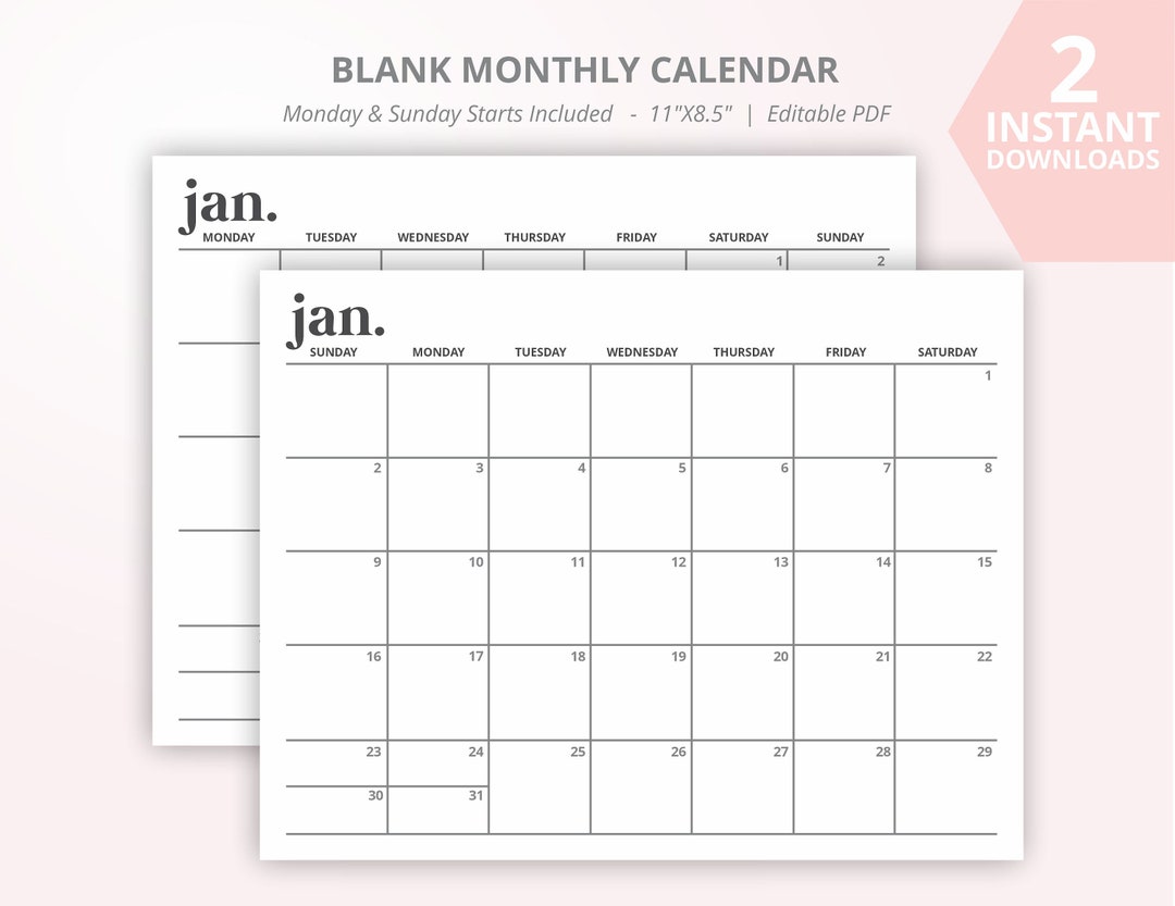 January to December Monthly Calendar, Editable PDF Calendar, Monthly ...