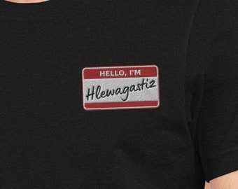 Hello, I'm Hlewagastiz embroidered nametag Gallehus Horns shirt for medieval history lovers
