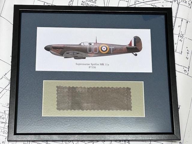 Spitfire P7350 Gift. Framed airframe skin with Certificate of Authenticity