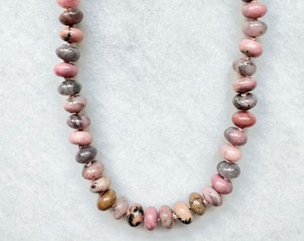 Silk Knotted Rhodonite Rondelle Necklace /  Pink & black semi precious stone hand knotted necklace / Gold vermeil