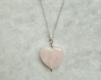 Rose Quartz Heart Pendant: Sterling Silver Chain Necklace / Valentine Gift