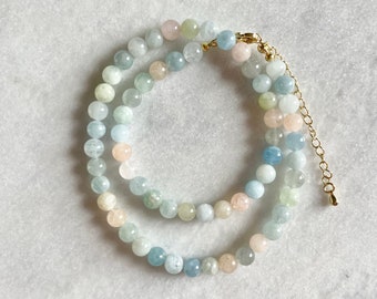 Morganite and Aquamarine Beaded Necklace / Beryl Pastel Candy Jewellery