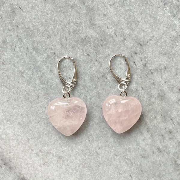 Rose Quartz Heart 925 Silver Earrings // Pink gemstone drop earrings // Barbie earrings