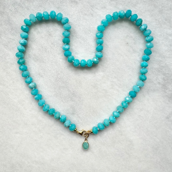 Amazonite Silk Knotted Necklace / Chunky Blue Green Crystal / Rondelle Candy Beads / Semi precious stone / Gold vermeil / Mother’s Day gift