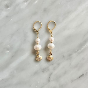 Freshwater Pearl & Shell Charm Drop Earrings /  Dainty Gold vermeil hooks / Gemstone Mother’s Day gift