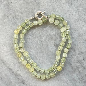 Prehnite silk knotted necklace / Green cube gemstone / Sterling silver sailor clasp