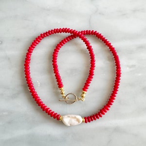 Red Coral Beaded Necklace: Baroque Pearl, 14K Gold Filled