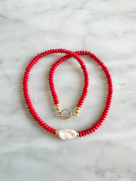 Collier Perles Corail Rouge Naturel Vintage - Longueur 58.4cm, Or Plaqué, Style Perlé