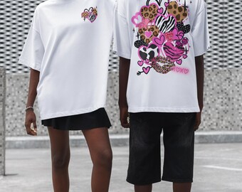 Roze T-shirt met hartjes en dierenprint | Zebrahartpatroon luipaard