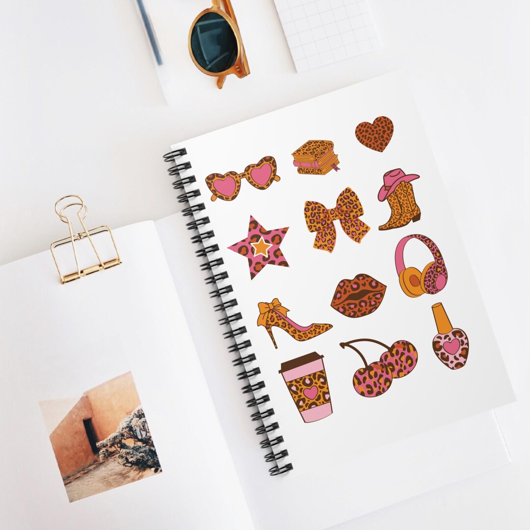 Pink Sticker Notebook Leopard Pink Icons Spiral Notebook | Cute Fashion Stickers, Ruled - Etsy