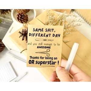 May include: A tan card with the text "SAME SHIT, DIFFERENT DAY" and "Thanks for being an OR superstar!" with a scalpel and scissors illustration. The card is on a brown paper package with dried flowers and pinecones.