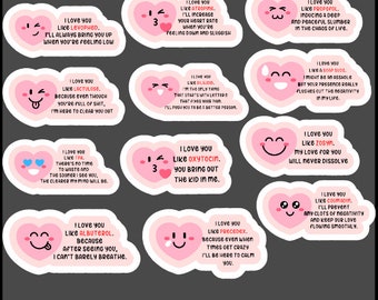 Può includere: Una collezione di adesivi a forma di cuore con varie frasi, come "I love you like Levophed" e "I love you like Atropine". Ogni adesivo presenta un cuore rosa con un'espressione unica e testo in un carattere giocoso.