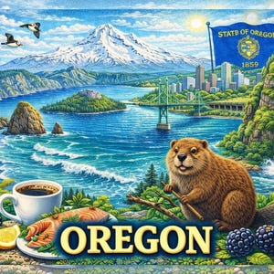 May include: A vibrant illustration of Oregon's landscape, featuring a mountain, river, and cityscape. A beaver holds a stick, with a flag that reads "State of Oregon 1859". The word "OREGON" is displayed in gold letters, with a cup of coffee, salmon, and blackberries.