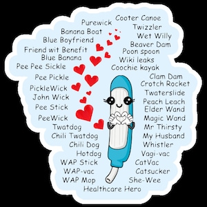 May include: A blue pregnancy test stick with a smiling face and hearts around it. The text on the image includes "Healthcare Hero" and a list of humorous names.
