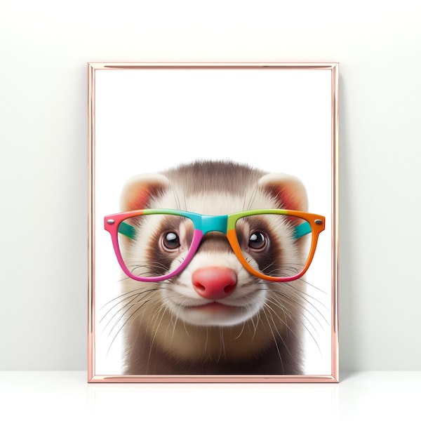 Ferret Print, Digital Print, Ferret with Glasses, Animal with Glasses, Hipster Wall Art, Childs Decor, Nursery Decor, Printable Wall Art