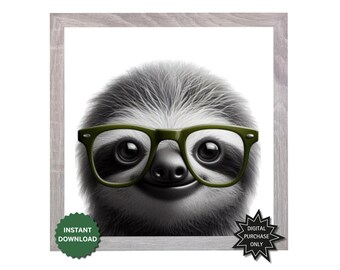 Baby Sloth Print | Green Glasses, Funny Animal Art (Digital Download)