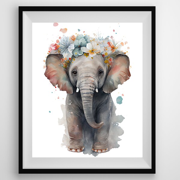 Watercolor Baby Elephant With Floral Headdress Painting, Safari Themed Nursery Decor, Child's Wall Art, Elephant Print, Digital Print