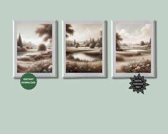 Neutral Country Landscape Set | 3 Vintage Style Prints | Rustic Farmhouse Wall Art | Digital Download