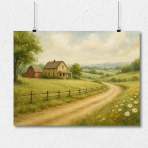 Country Farmhouse Landscape Print | Watercolor Road Scene Wall Art | Rustic Cottagecore Decor | Wildflower Poster | Farmhouse Wall Art